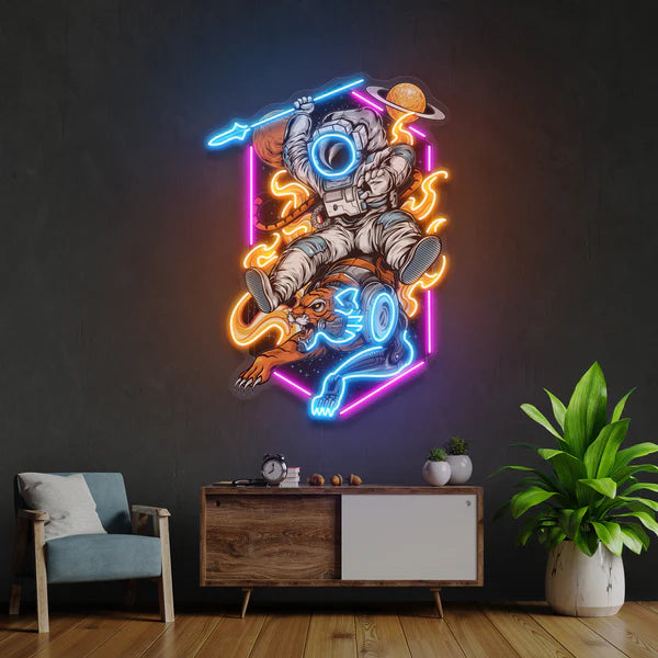 Astronaut Riding Outer Space Tiger Artwork Led Neon Sign Light