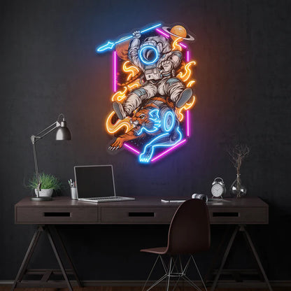 Astronaut Riding Outer Space Tiger Artwork Led Neon Sign Light