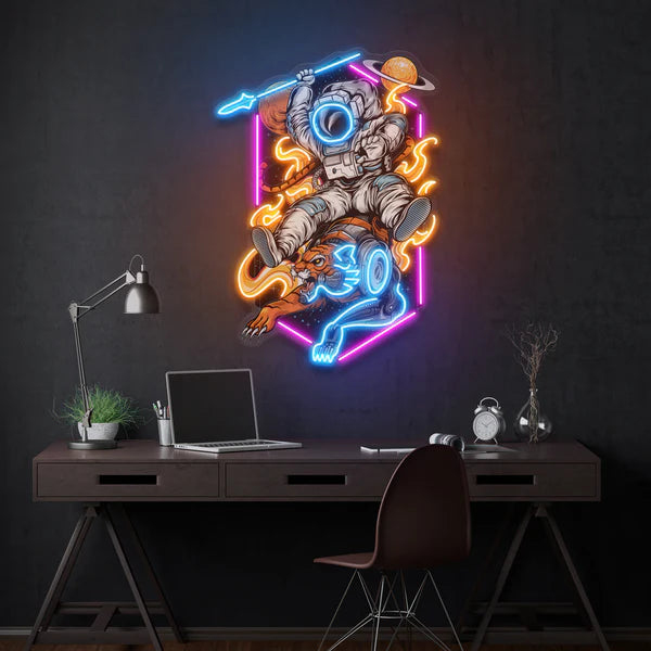 Astronaut Riding Outer Space Tiger Artwork Led Neon Sign Light