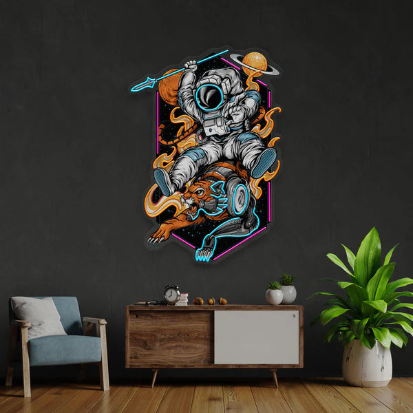 Astronaut Riding Outer Space Tiger Artwork Led Neon Sign Light