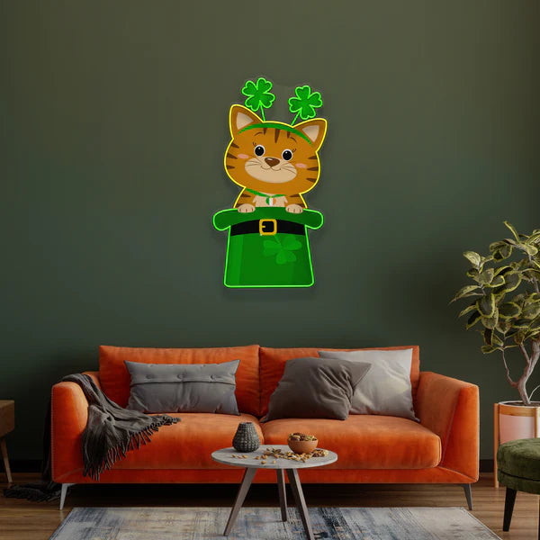 Cat Lucky Saint Patrick's Day Artwork Led Neon Sign Light